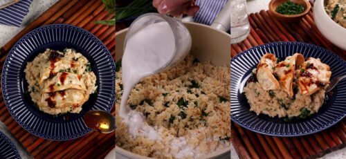 Creamy Coconut Rice with Veggie Potstickers